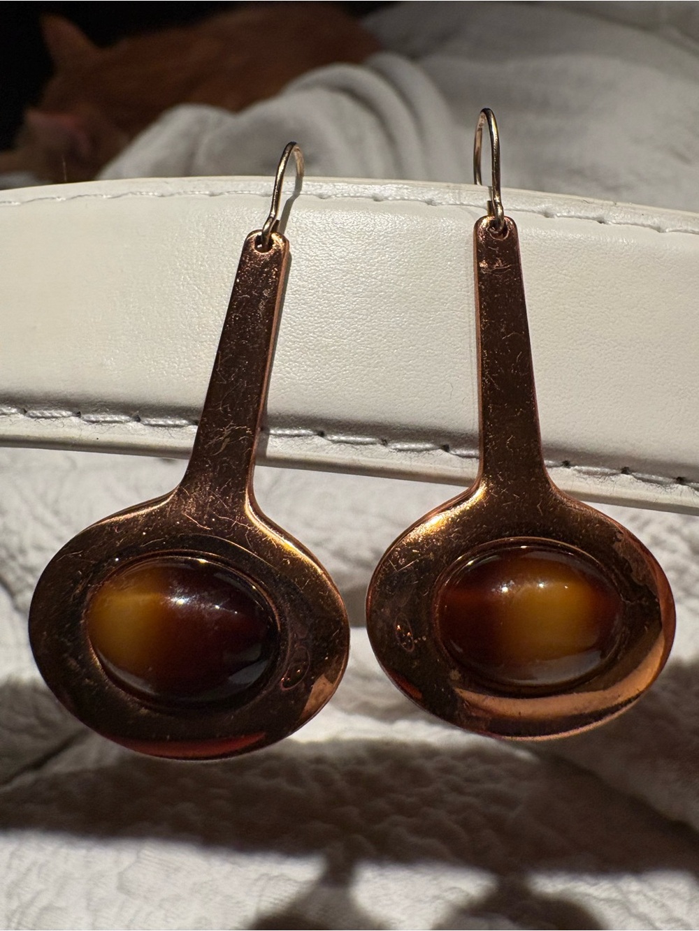 Copper Craft Drop Earrings with Brown Amber Horn Cabochons 2”